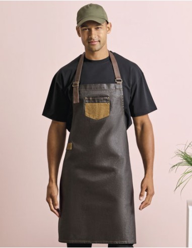 PRE-PR136-Division Waxed Look Denim Bib Apron With Faux Leather